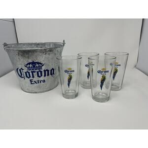 Corona Extra Gift Set Metal Ice Bucket W/(4) 16oz. Pub Glasses for Bar